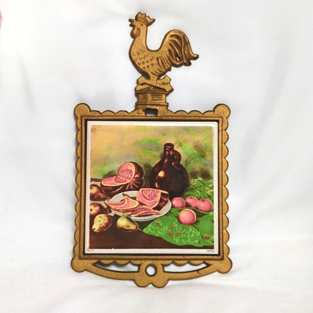 Vintage Trivet Cast Iron Ceramic Fruit Gold Rooster TableWear by FM Japan